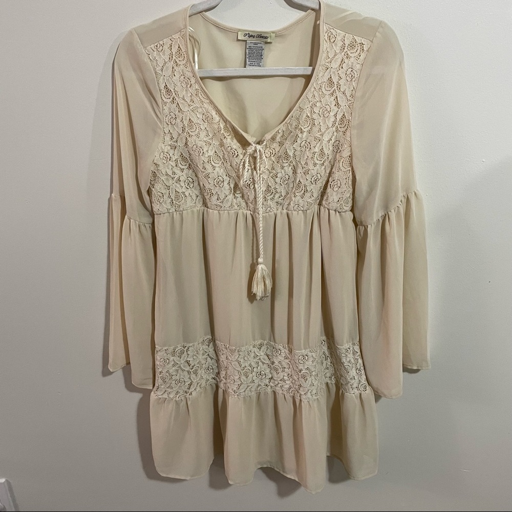 Flying Tomato boho lace mesh shear bell sleeve mini flowy babydoll dress size L